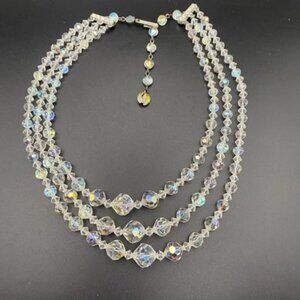 Vtg Wedding Necklace MCM 1950-60's Beaded AB Crystal 3 Strand 14-16.5” Layered